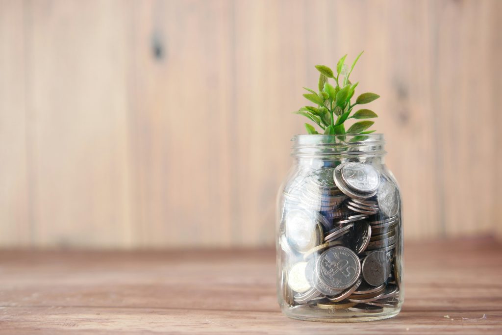 Un vaso con monedas con una planta que crece encima, simbolizando el dinero invertido en el docente y su rol formador.